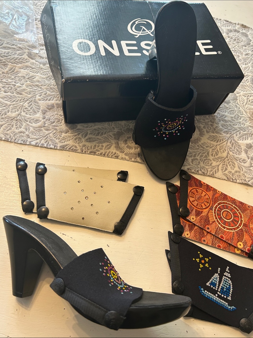 Onesole Black Beaded Open-Toe Slide Mules with 3 Pairs Interchangeable tops 7/M